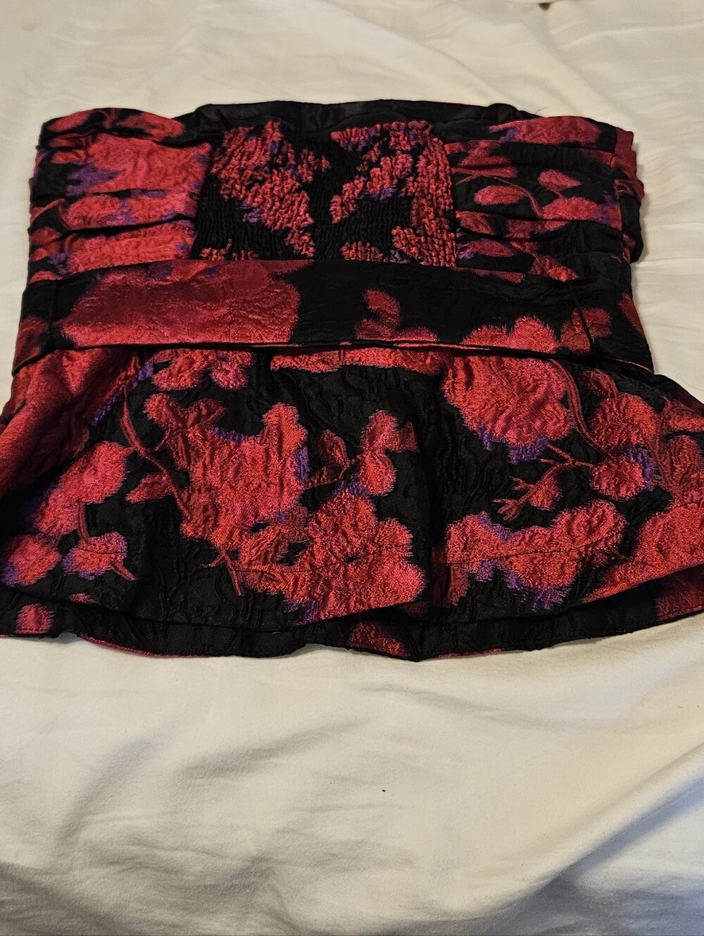 White House Black Market Red and Black Floral Strapless Top